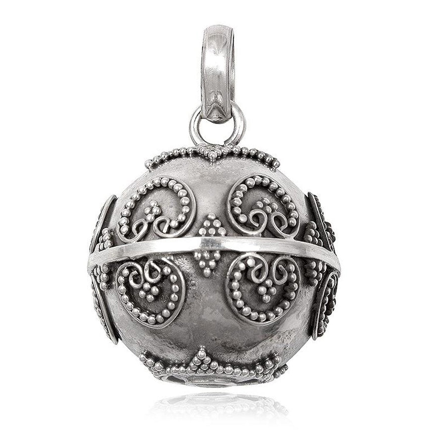 Anhänger Elfenklangkugel - Kugelanhänger 22 mm, 925 Sterling Silber verziert, Kugel Klangkugel Glöckchen