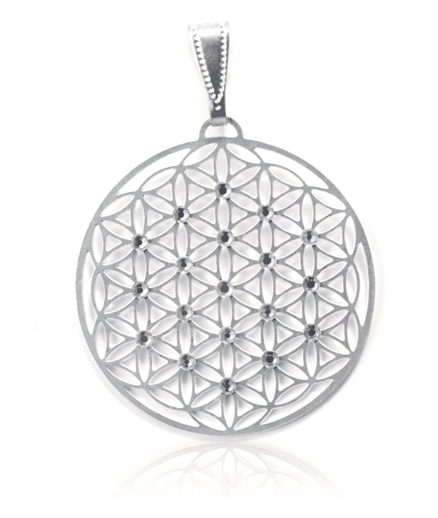 Anhänger Blume des Lebens 30 mm Edelstahl versilbert filigran flach