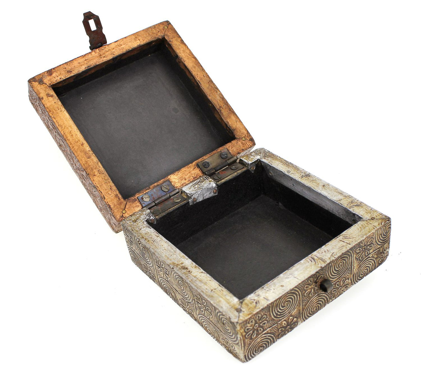 Schatulle Holzbox 11x11 x 6 cm, Holzkästchen Messing Kupfer platiniert Ornamente Verzierungen, Schatzkiste Schmuckkiste, Box mit Klappdeckel