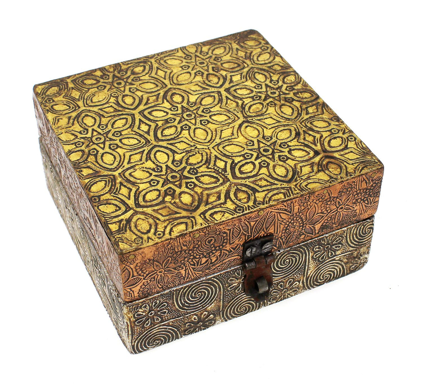 Schatulle Holzbox 11x11 x 6 cm, Holzkästchen Messing Kupfer platiniert Ornamente Verzierungen, Schatzkiste Schmuckkiste, Box mit Klappdeckel