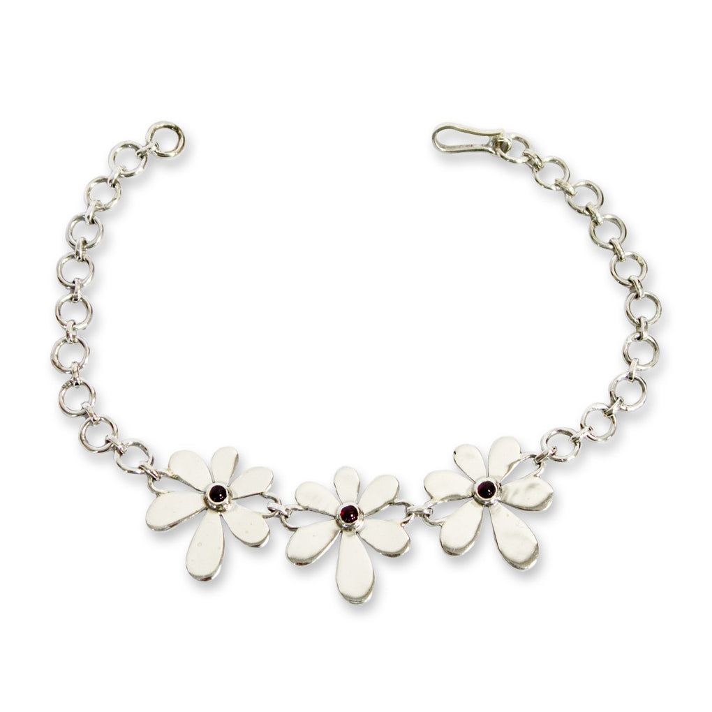 Armband DAISY Blüten 925 Sterling Silber Granat Edelstein