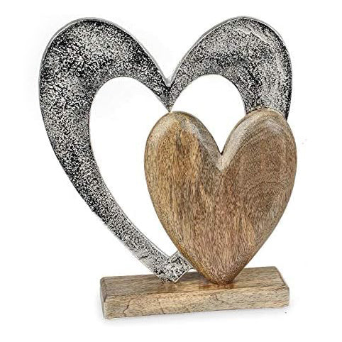 Deko Figur Herz Herzen 21 cm, Mango Holz massiv Natur braun Metall Alu Silber, Dekoherz Herzaufsteller