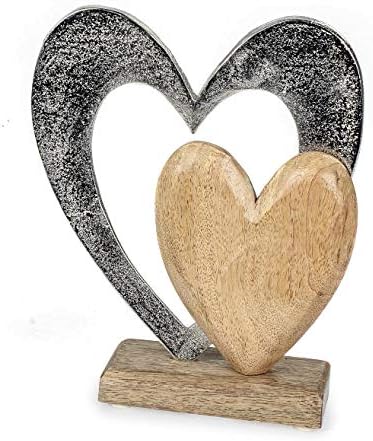 Deko Figur Herz Herzen 21 cm, Mango Holz massiv Natur braun Metall Alu Silber, Dekoherz Herzaufsteller