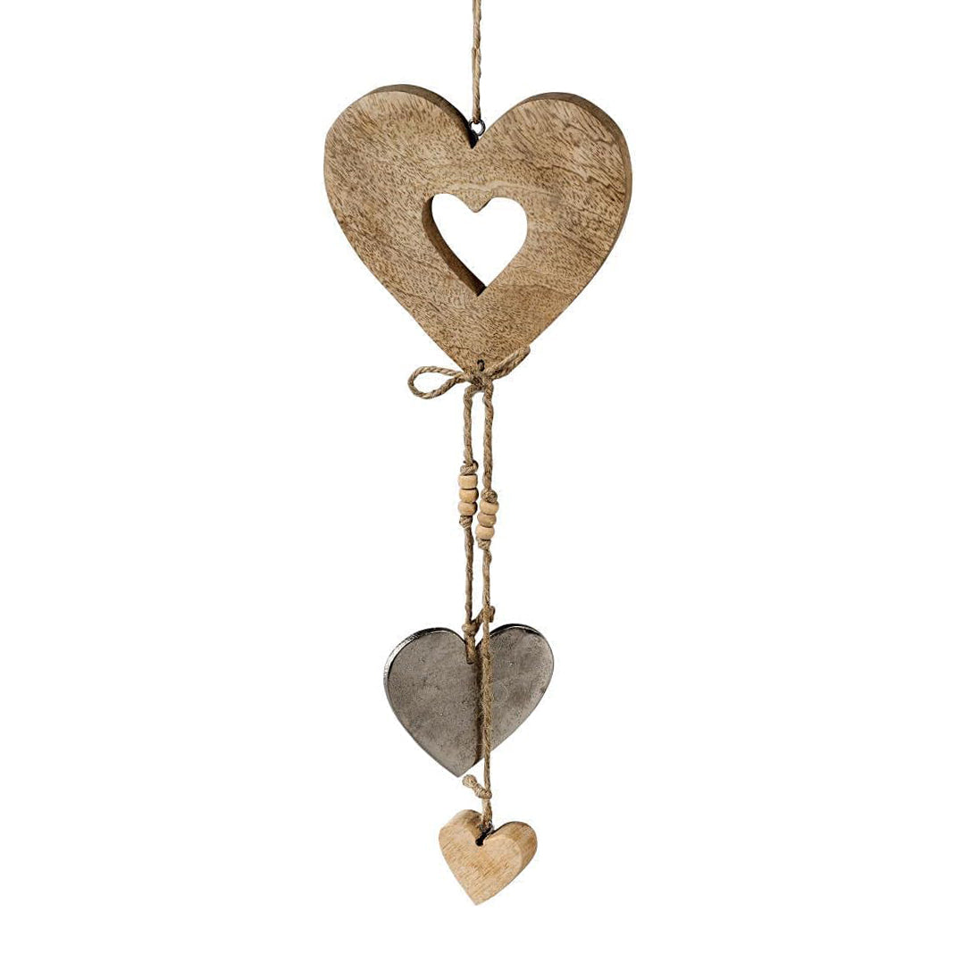 Deko Anhänger Girlande mit Herz 50 cm Mango Holz Aluminium Silber - Dekoherz Herzanhänger