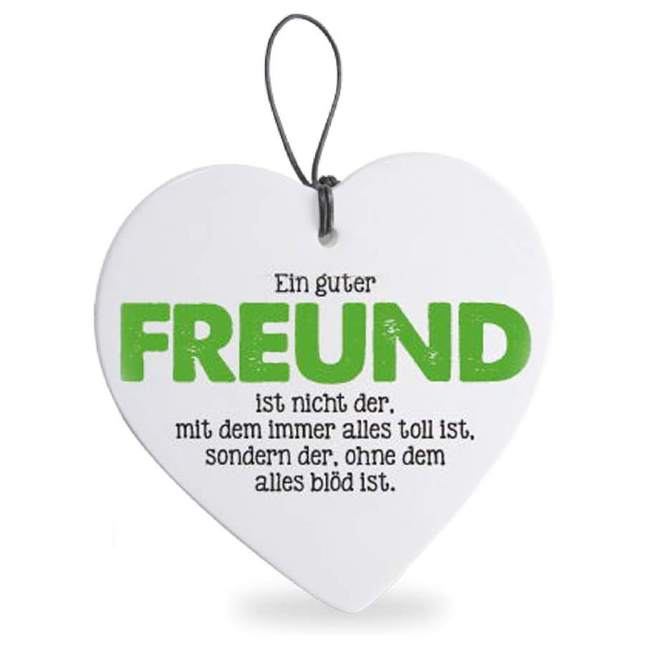 Deko Anhänger Herz Herzchen 15 cm aus Keramik weiß, Kachel Fliese mit Spruch Romantik Weisheit Liebe Glück, Herzanhänger Wandschild ein guter Freund