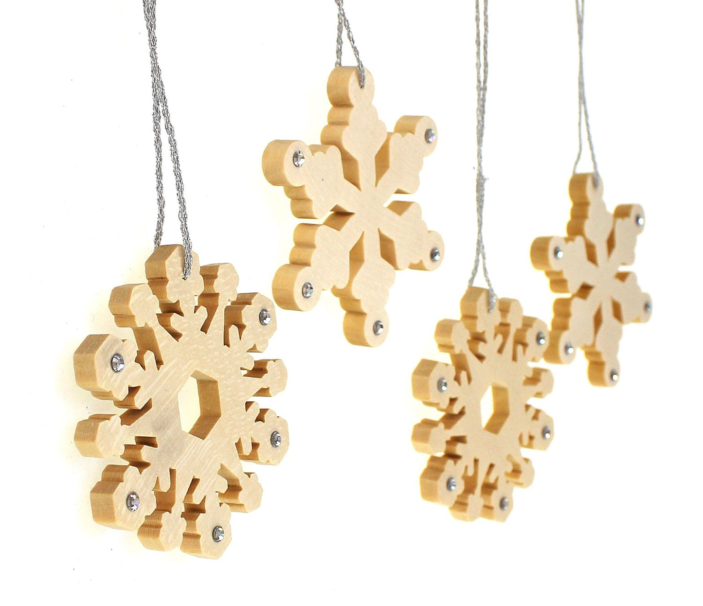 4X Deko Anhänger Schneeflocke Stern je 5,5 cm, Ahorn Holz Natur Swarovski Elements Strassstein, Holzdeko Holzanhänger Baumschmuck Fensterdeko Winterdeko