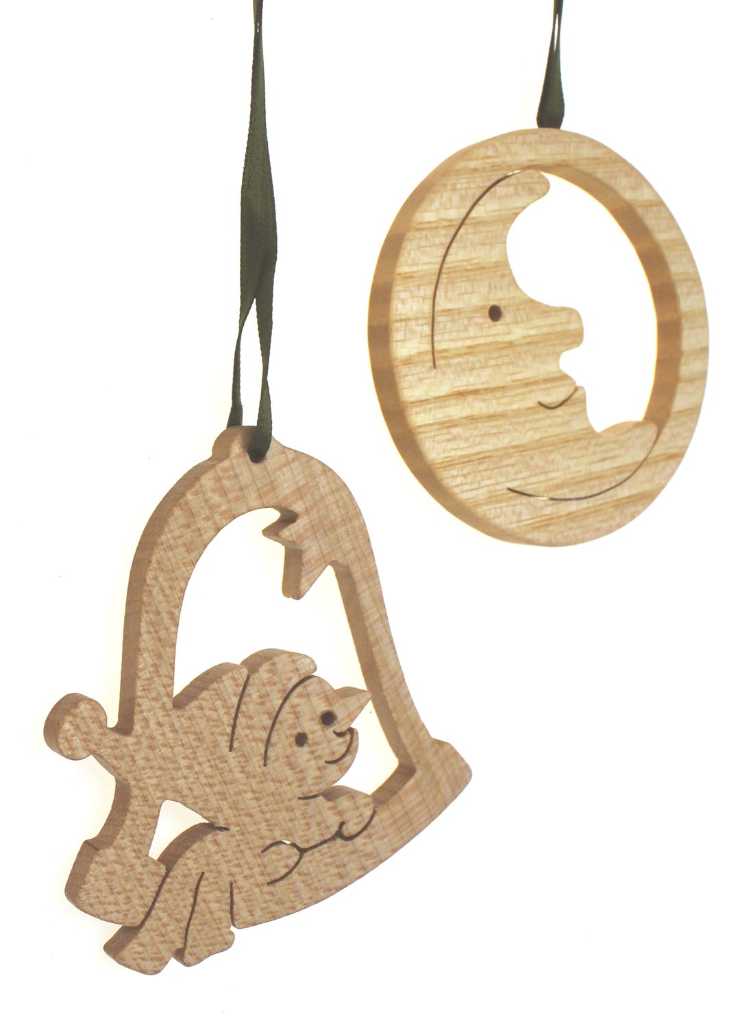 4X Deko Anhänger Mond Schneemann Glocke 6,5 cm, Ahorn Holz geölt, Holzdeko Baumschmuck Fensterhänger, Zierschmuck für Weihnachten, handgefertigt Kundhandwerk