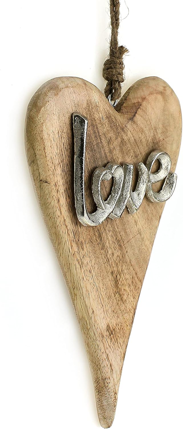 Deko Anhänger Herz Love 26 cm Mango Holz Massiv mit Aluminium Schriftzug - Dekoherz Herzanhänger