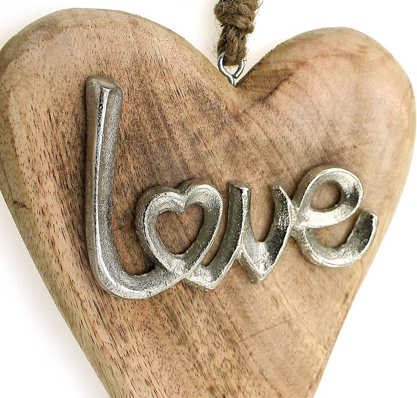 Deko Anhänger Herz Love 26 cm Mango Holz Massiv mit Aluminium Schriftzug - Dekoherz Herzanhänger