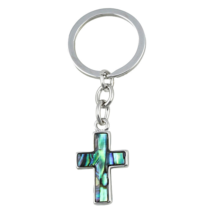 Schlüsselanhänger Kreuz 5 cm silber, Paua Muschel Abalone Perlmutt blau grün rosa, Glücksbringer Talisman Schlüsselring