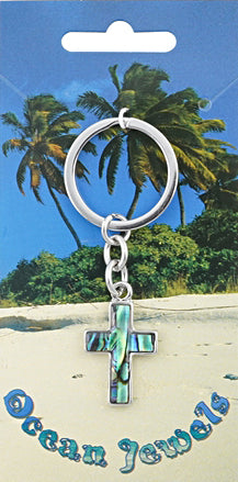 Schlüsselanhänger Kreuz 5 cm silber, Paua Muschel Abalone Perlmutt blau grün rosa, Glücksbringer Talisman Schlüsselring