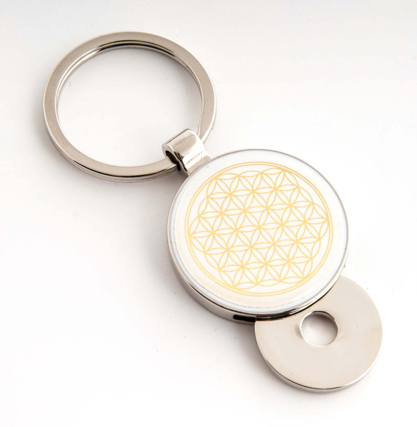 Schlüsselanhänger Blume des Lebens Ø 35 mm aus Edelstahl mit Schlüsselring, Lebensblume Dooming gold weiß, Talisman Glücksbringer Taschenanhänger