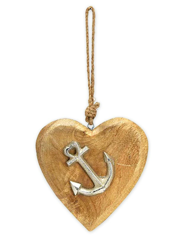 Deko Anhänger Herz mit Anker 14 cm Mango Holz Massiv mit Aluminium Silber - Dekoherz Ehehafen maritimer Herzanhänger Hochzeitsgeschenk