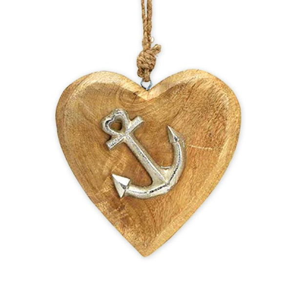 Deko Anhänger Herz mit Anker 14 cm Mango Holz Massiv mit Aluminium Silber - Dekoherz Ehehafen maritimer Herzanhänger Hochzeitsgeschenk