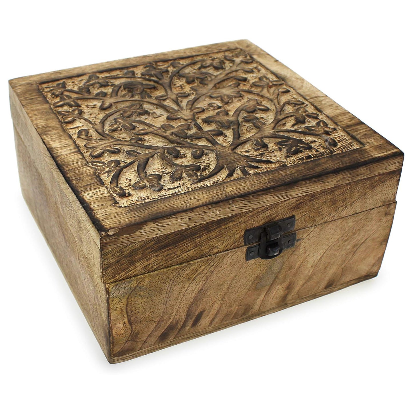 Holzbox Schatulle Holzkästchen Indien 17x17x10 cm, Holz braun Schnitzerei, Schatzkistchen Schmuckkiste mit Klappdeckel Kiste Box