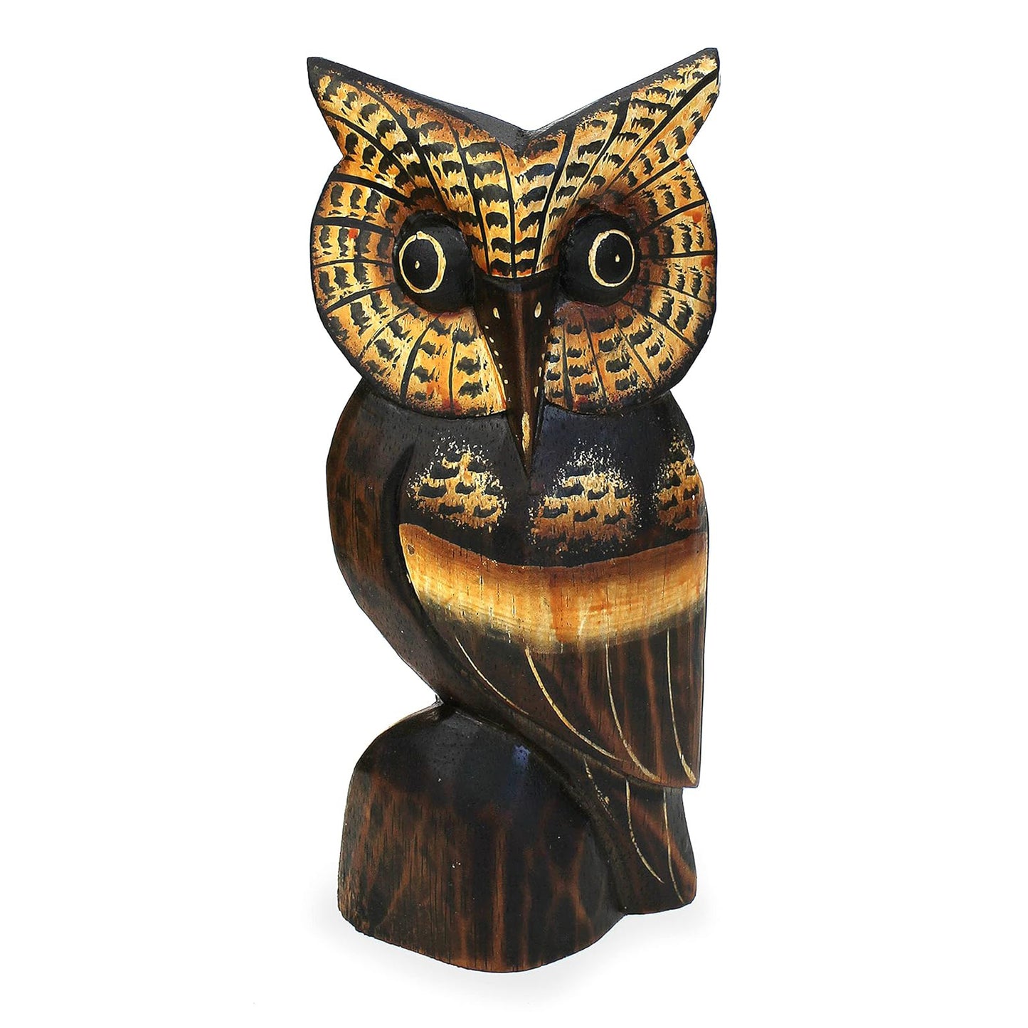 Deko Figur Eule Athene 20 cm, Holz braun beige, Holzfigur Kautz Uhu Kunsthandwerk aus Bali handgefertigt Unikat