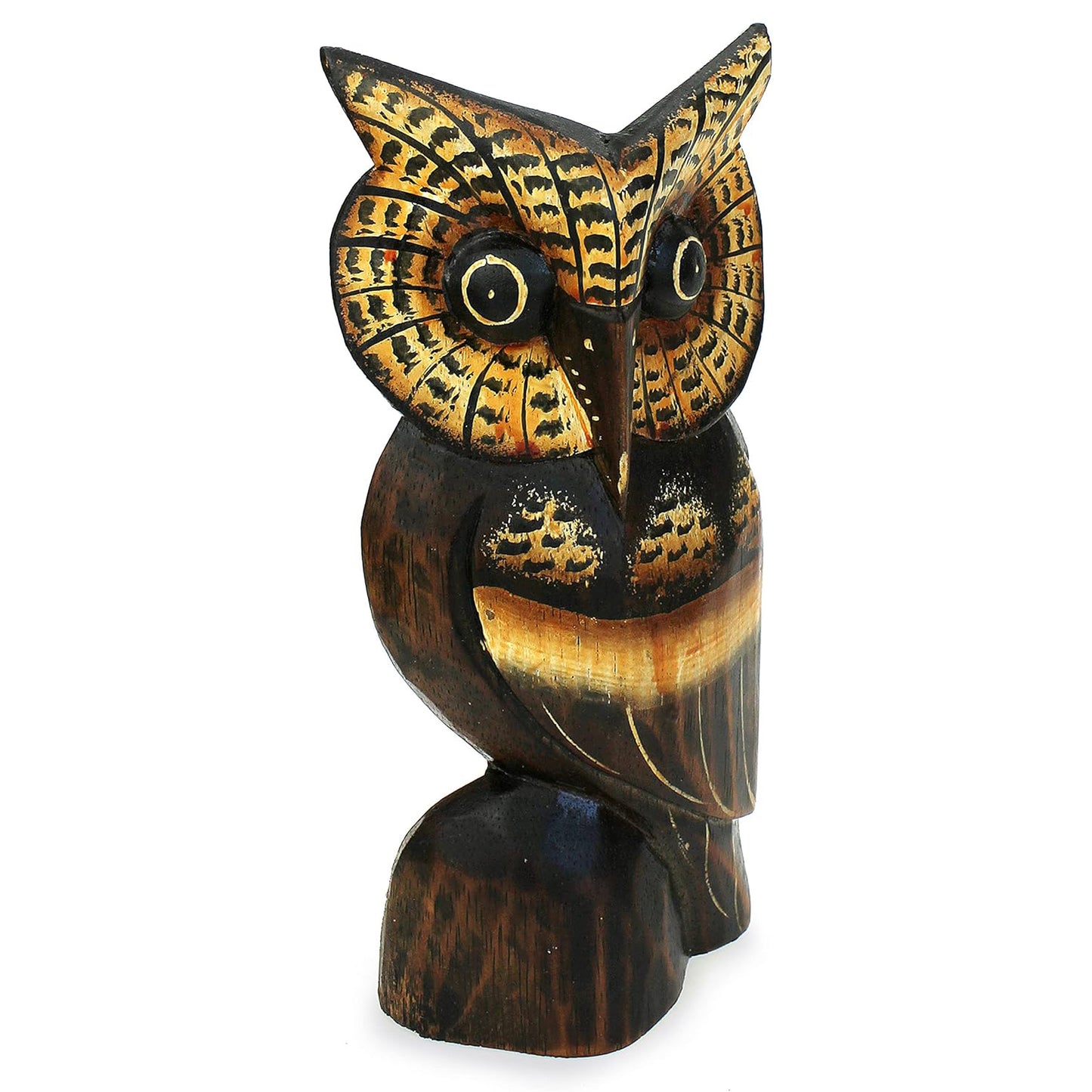 Deko Figur Eule Athene 20 cm, Holz braun beige, Holzfigur Kautz Uhu Kunsthandwerk aus Bali handgefertigt Unikat