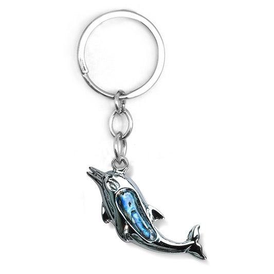 Schlüsselanhänger Delfin 5 cm silber, Paua Muschel Abalone Perlmutt blau grün rosa, Glücksbringer Talisman Schlüsselring