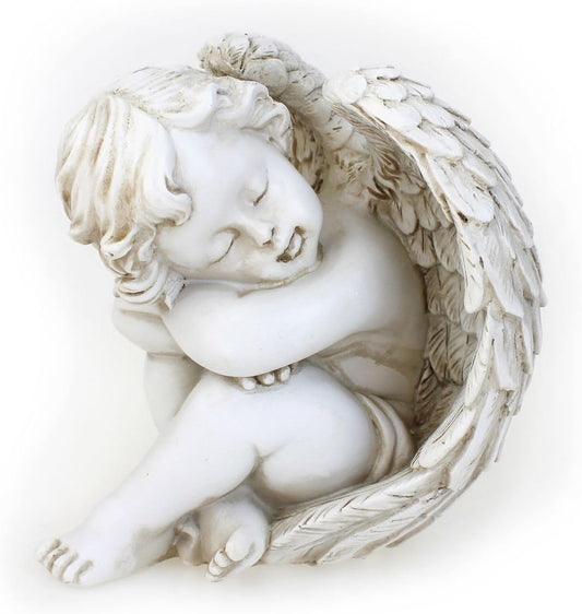 Deko Engel Figur Sitzend Schlafend 12 cm Polystein Antik Weiß Altweiß - Schöne Engelfigur Schutzengel Engelkind Träumend