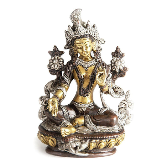 Deko Buddha Figur Grüne Tara auf Lotusthron 14 cm, Messing massiv dreifarbig, Tibet Dölma Statue weiblicher Buddha