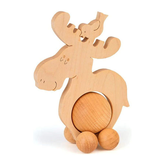 Deko Figur Rolltier Elch 13 x 10 cm, Holz Buche Natur mit 4 cm Kugel, Holzdeko Schiebefigur, Handarbeit aus Europa