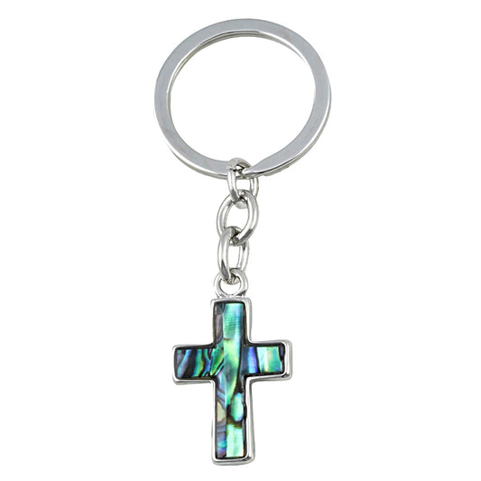Schlüsselanhänger Kreuz 5 cm silber, Paua Muschel Abalone Perlmutt blau grün rosa, Glücksbringer Talisman Schlüsselring
