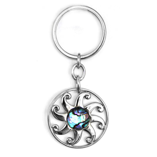 Schlüsselanhänger Sonne 3,5 cm silber, Paua Muschel Abalone Perlmutt blau grün rosa, Glücksbringer Talisman Schlüssel