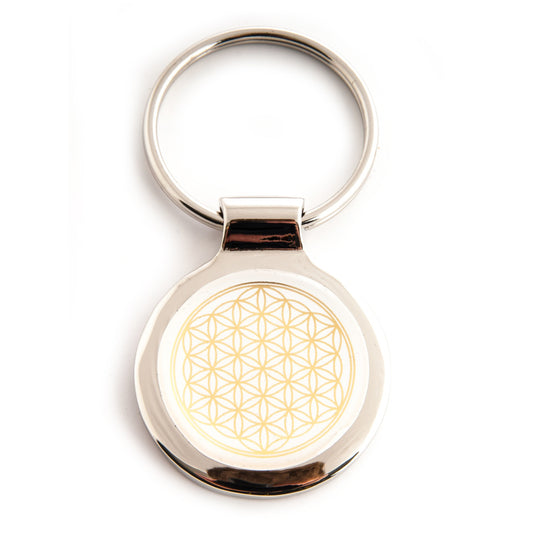 Schlüsselanhänger Blume des Lebens Ø 35 mm aus Edelstahl mit Schlüsselring, Lebensblume Dooming gold weiß, Talisman Glücksbringer Taschenanhänger