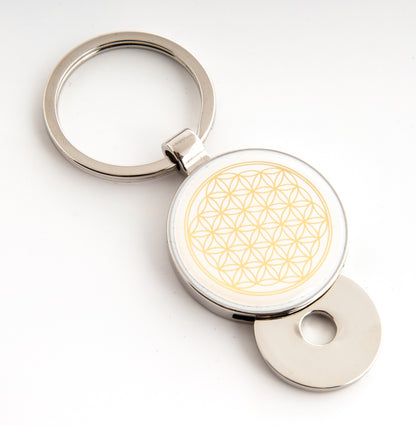 Schlüsselanhänger Blume des Lebens Ø 35 mm aus Edelstahl mit Schlüsselring, Lebensblume Dooming gold weiß, Talisman Glücksbringer Taschenanhänger