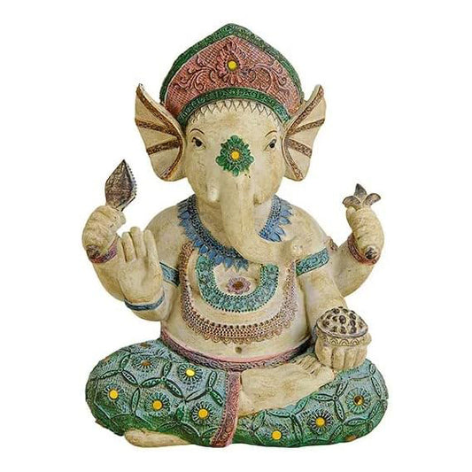 Deko Figur Ganesha vierarmig 23 cm, Polystein Mehrfarbig, Elefantengott Statue sitzend, Hindu Gott