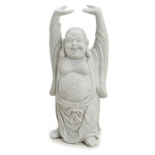 Deko Figur Happy Buddha stehend 16 cm, Polystein Stein Optik grau, Statue Mönch lachend Glücksbuddha Buddhafigur