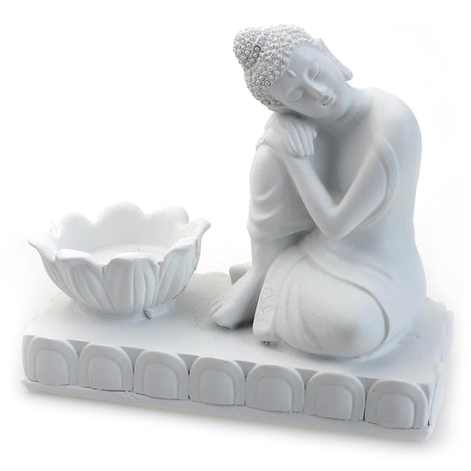 Deko Figur Ruhender Buddha sitzend Teelichthalter 14x12cm, Polystein weiß, Dekofigur Buddha Gauthama