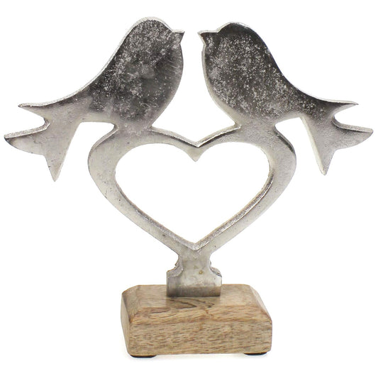 Deko Figur Vögel auf Herz 17 cm Aluminium Metall Silber mit Mango Holz Sockel massiv Natur braun - Vogel Aufsteller