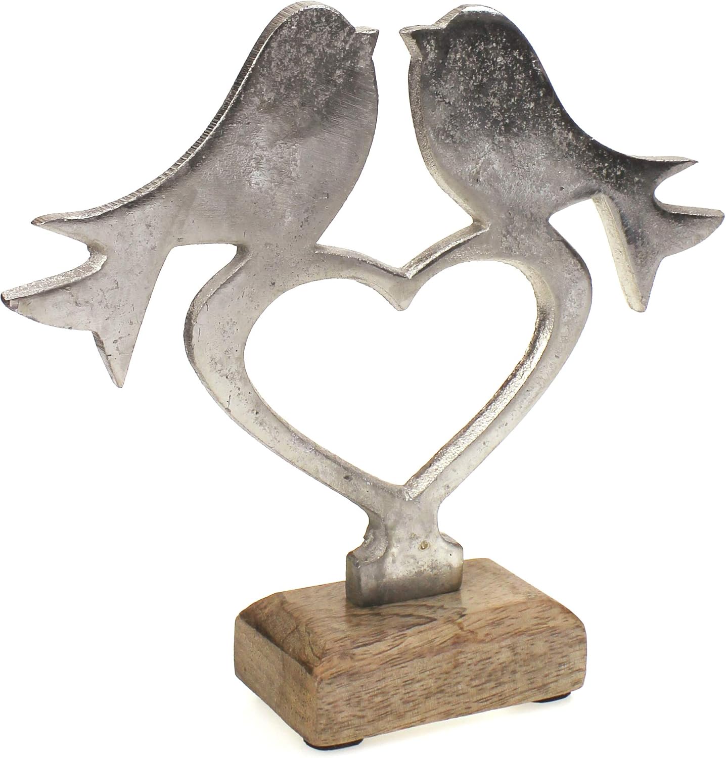 Deko Figur Vögel auf Herz 17 cm Aluminium Metall Silber mit Mango Holz Sockel massiv Natur braun - Vogel Aufsteller