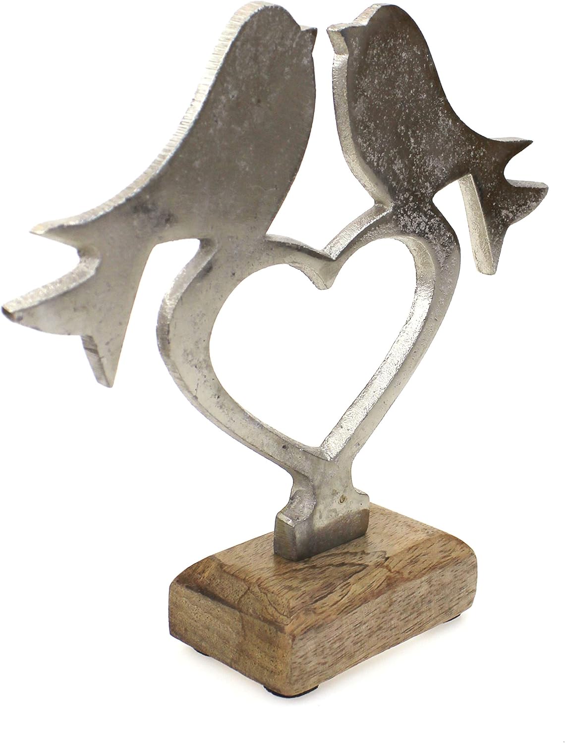 Deko Figur Vögel auf Herz 17 cm Aluminium Metall Silber mit Mango Holz Sockel massiv Natur braun - Vogel Aufsteller