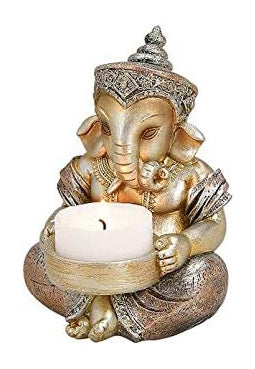 Deko Figur Ganesha mit Teelichthalter 11 cm, Polystein Champagner Gold Silber, Elefantengott Buddha Statue sitzend