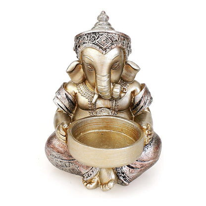 Deko Figur Ganesha mit Teelichthalter 11 cm, Polystein Champagner Gold Silber, Elefantengott Buddha Statue sitzend