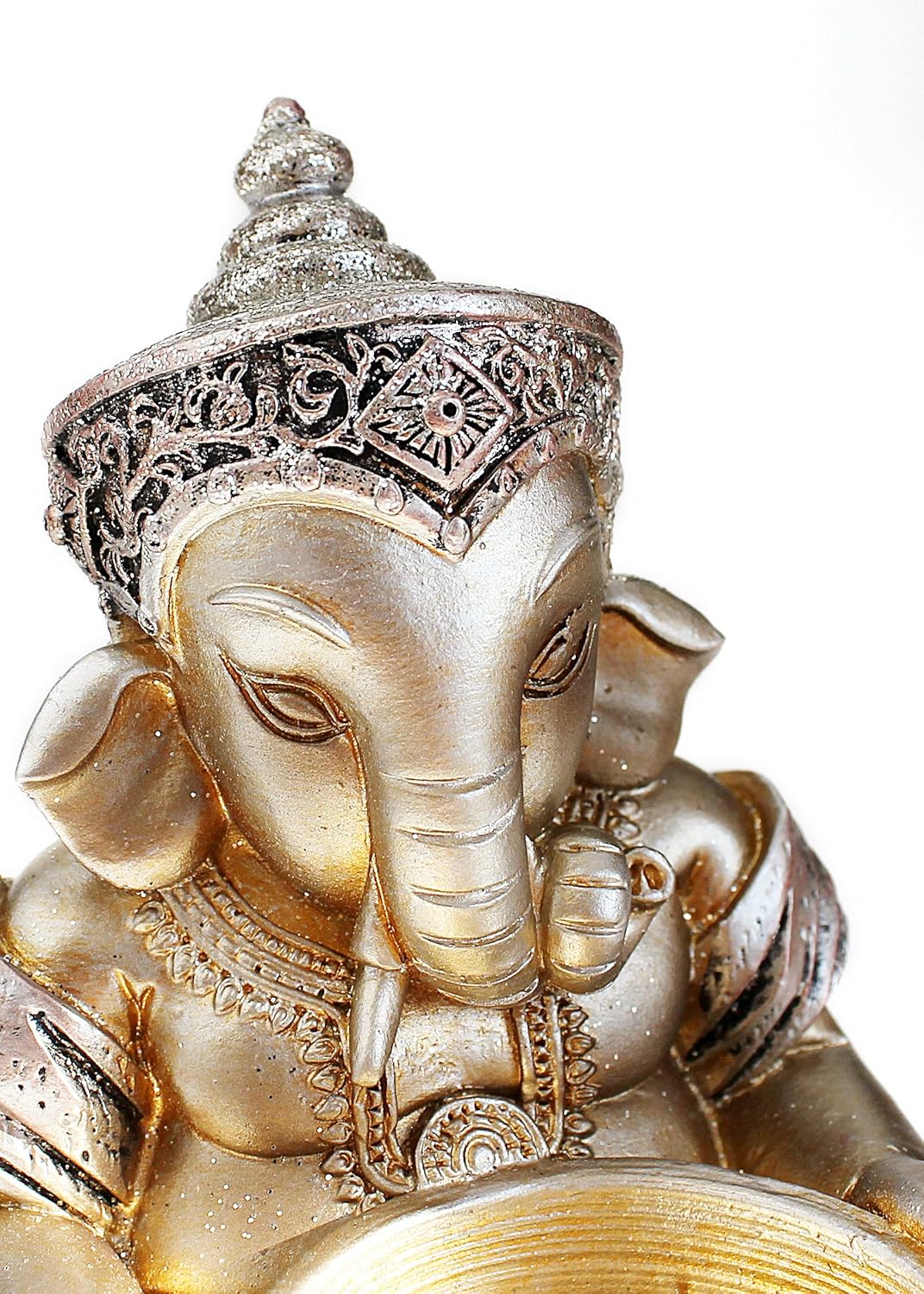 Deko Figur Ganesha mit Teelichthalter 11 cm, Polystein Champagner Gold Silber, Elefantengott Buddha Statue sitzend