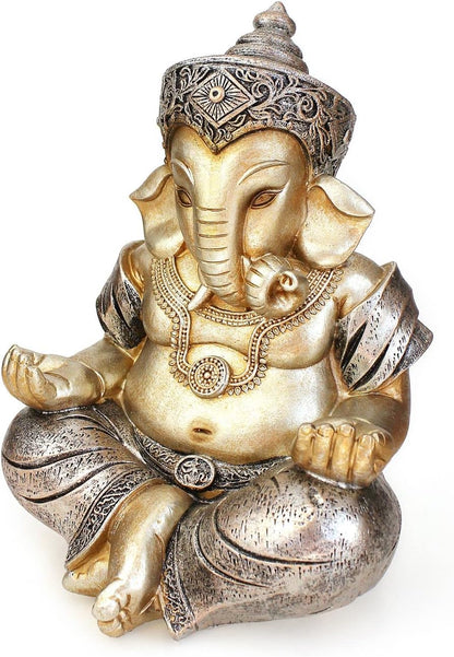 Deko Figur Ganesha 21 cm Polystein Champagner Gold antik-Silber Elefantengott sitzend Buddha Statue