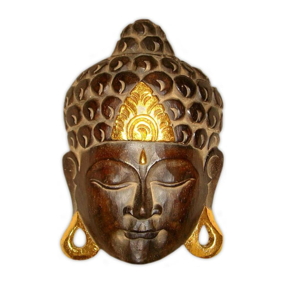 Wanddekoration Maske Buddha Relief 25 cm Holz braun gold, Buddhakopf handgefertigt Kunsthandwerk aus Bali