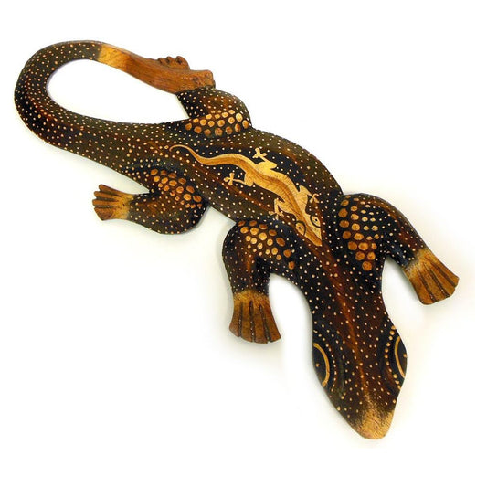 Wandfigur Gecko Manis 20cm Albesia Holz braun punktbemalt dotpainting, Kunsthandwerk aus Bali Echse Salamander handgefertigt (Kopie)